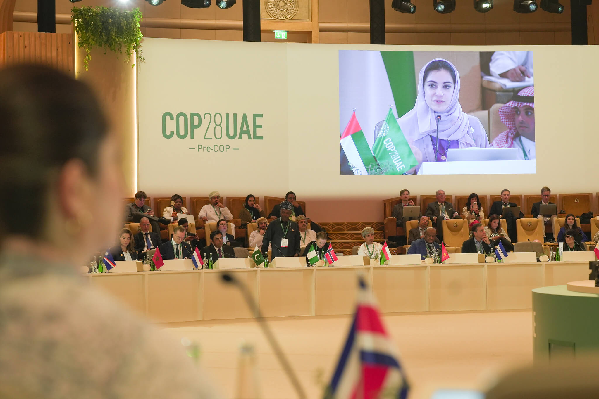 White room with delegates from COP28 Global Stocktake Plenary, woman in hijab's face projected on screen